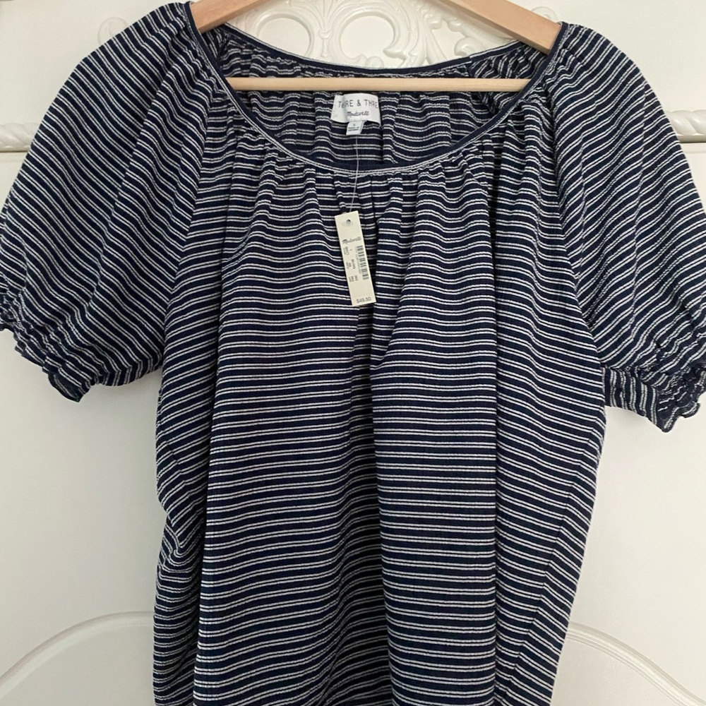 madewell navy and white stripped shirt